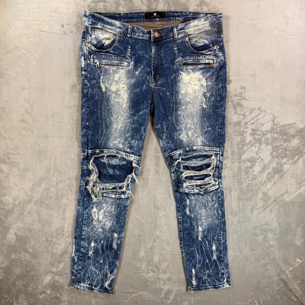 Focus Jeans Moto Skinny Jeans Men's Size 42x32 Blue Biker Distressed Denim Pants